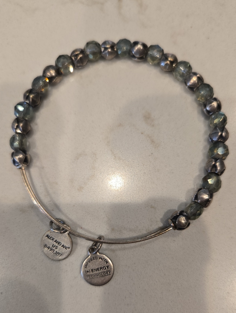 Alex and Ani Silver and Green Faceted Bead Bangle